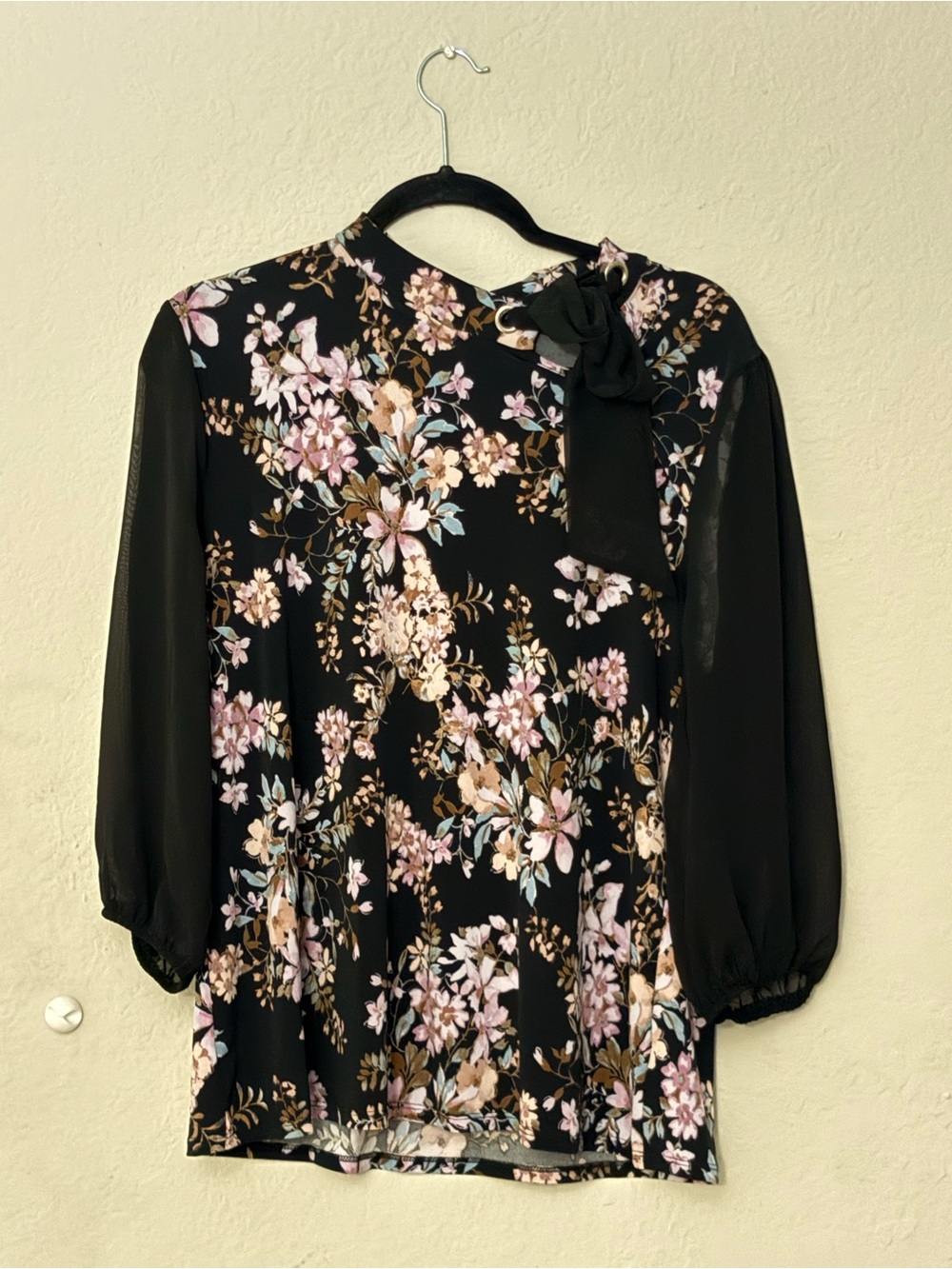 Black Floral Tie-Neck Blouse with Sheer Sleeves